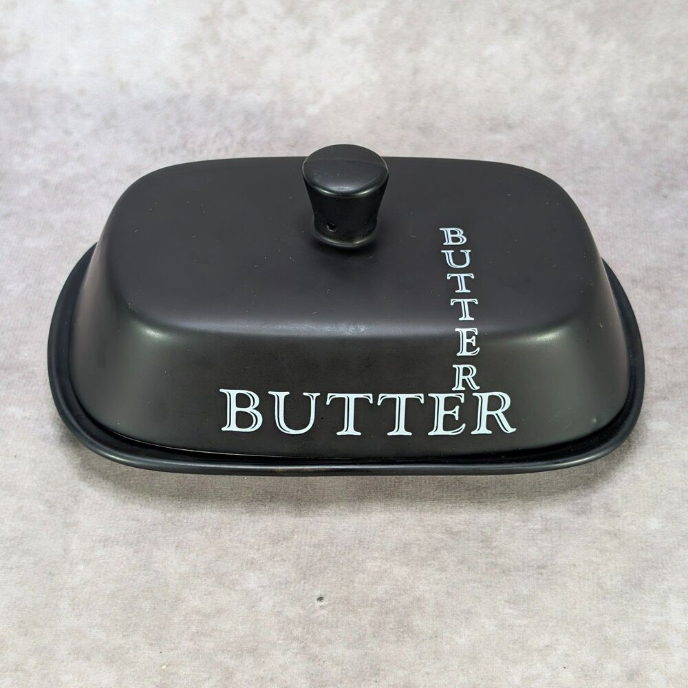 The Old Pottery Company Just Mugs Matte Black Ceramic Covered Butter Dish Tray